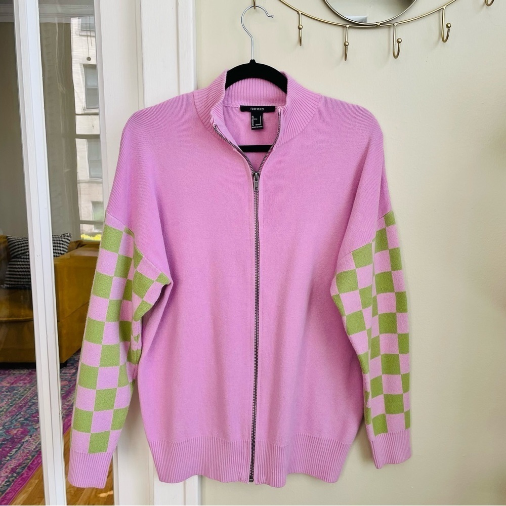 Forever 21 Pink Green Checker Sleeve Zip Up Sweater